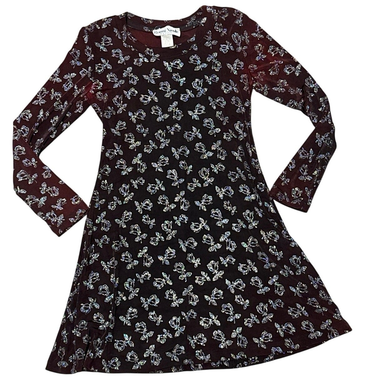 Vintage 90 A Line Stretch Knit Shimmer Rhinestone Rose Print Mini Dress Size 2