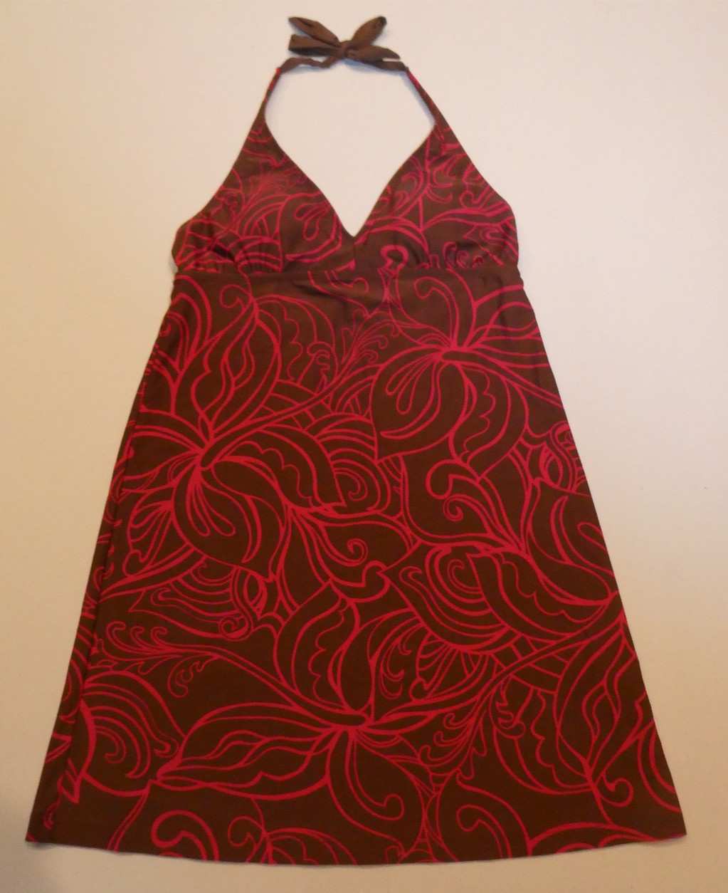 Athleta women’s red/brown floral print padded halter top sundress Sz L