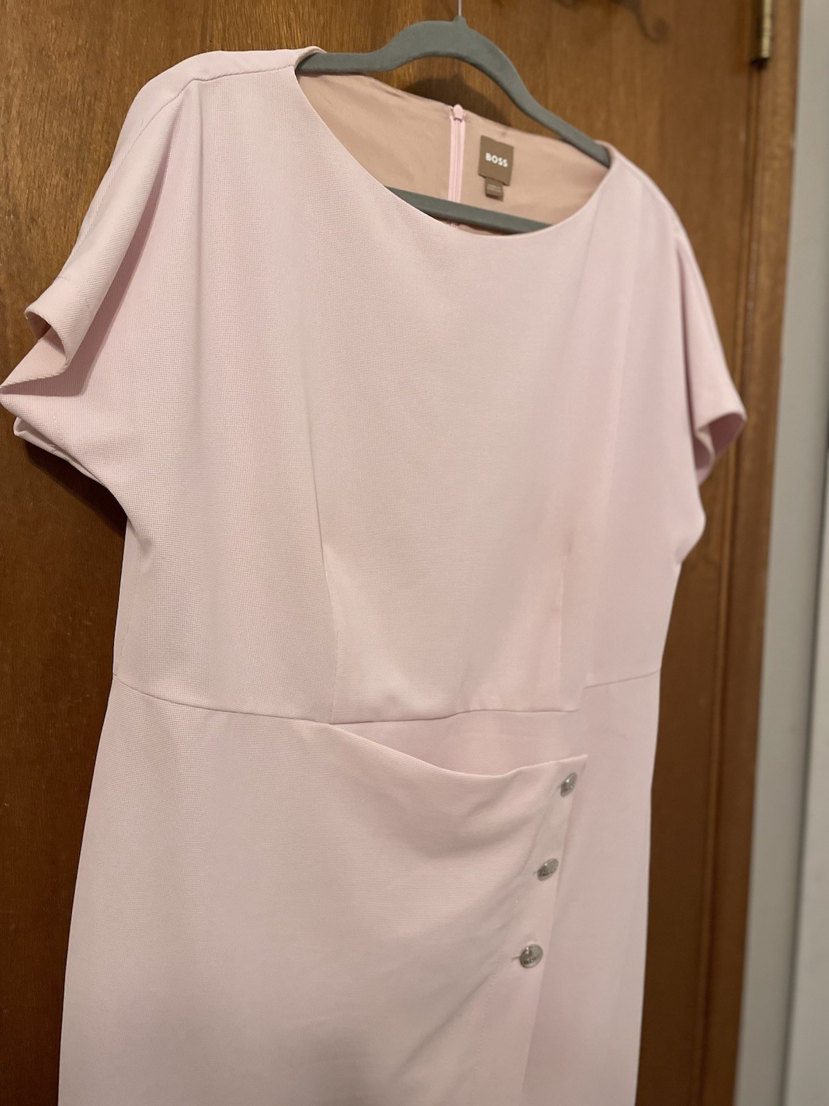 Hugo Pale Pink Size 12 Wrap And Button Short Sleeve Dress Lined Nice