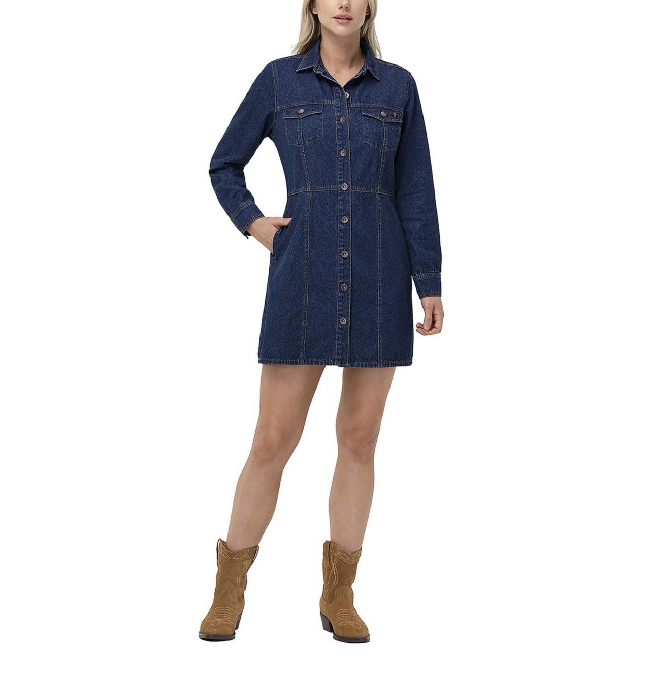 Frye Denim Dress Size Large Mini Button Front Dual Chest Pockets Dark Wash NEW
