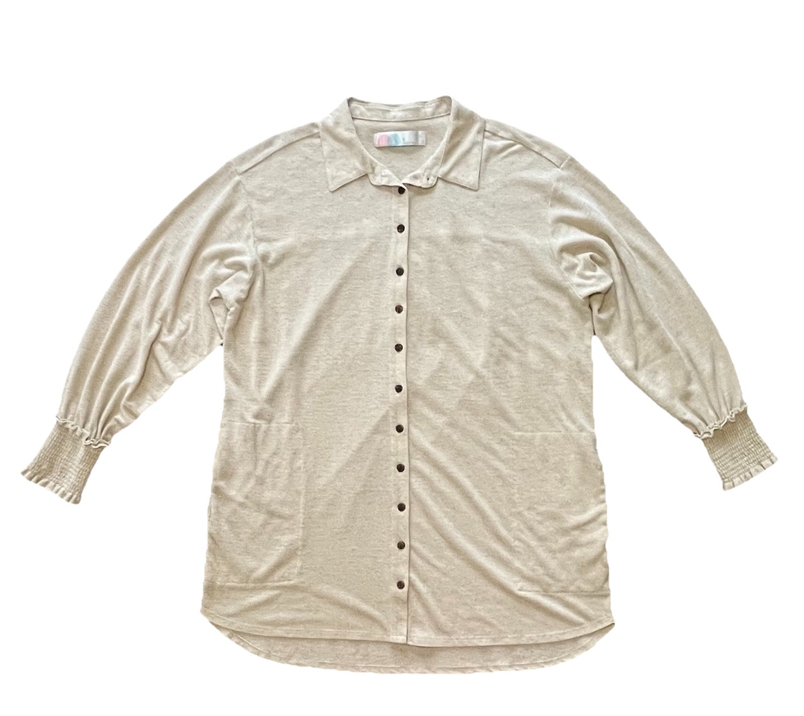 Free People Beach Linen Blend Smocked Cuff Button Down Shirt Dress Oatmeal XS