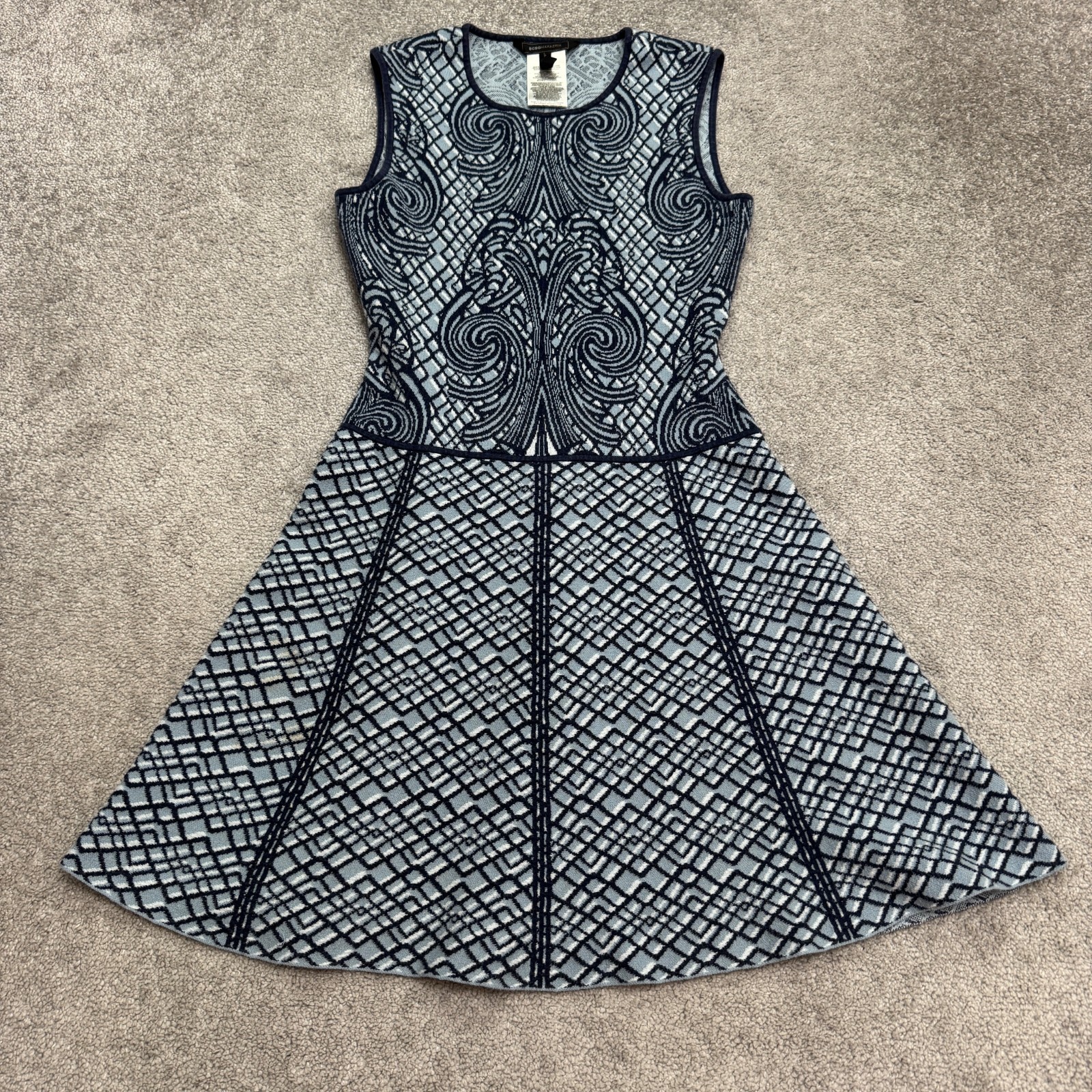 BCBGMaxazria Anne Jacquard Knit A-Line Mini Dress Womens Medium Blue Geometric