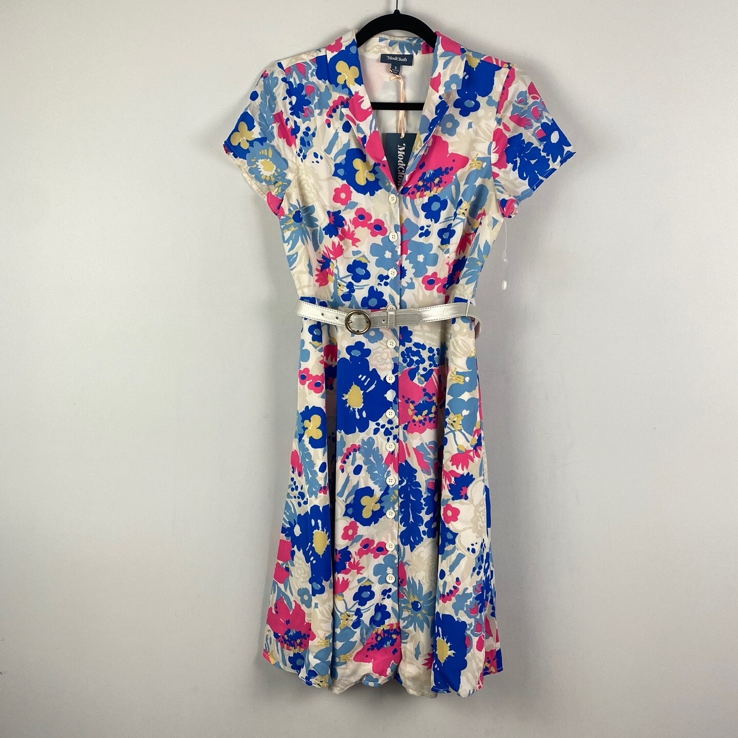 Modcloth Exciting Find Shirt Dress Size Small Belted Blue Pink Floral Button
