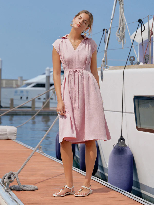 OGL – Viscose-Linen Collared V-neck Midi Dress with Drawstring