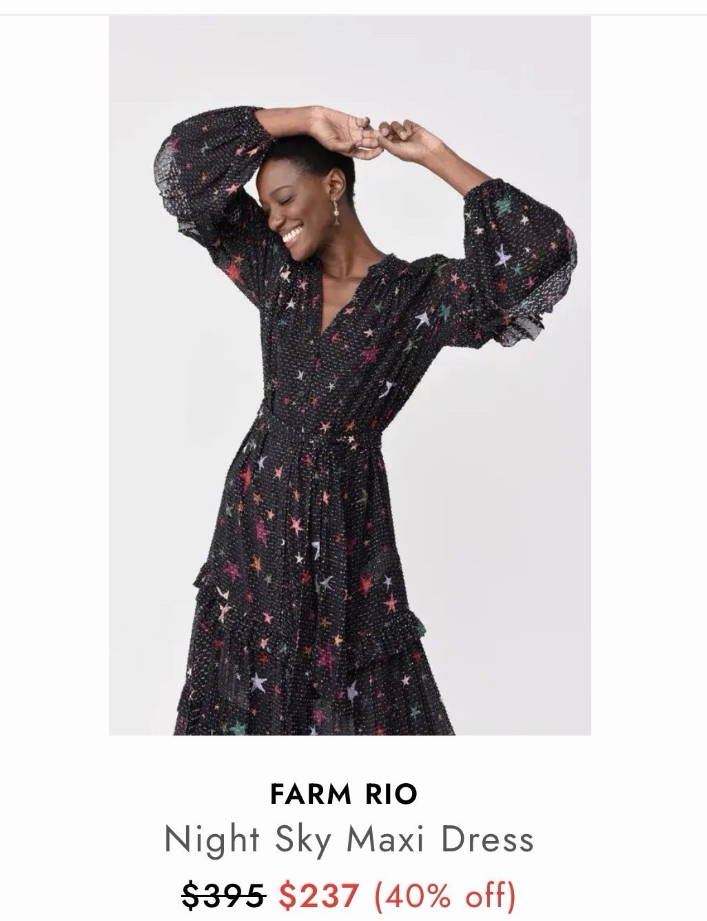 FARM Rio Night Sky Star Print Maxi Dress V-Neck Belted Long Sleeve Size M