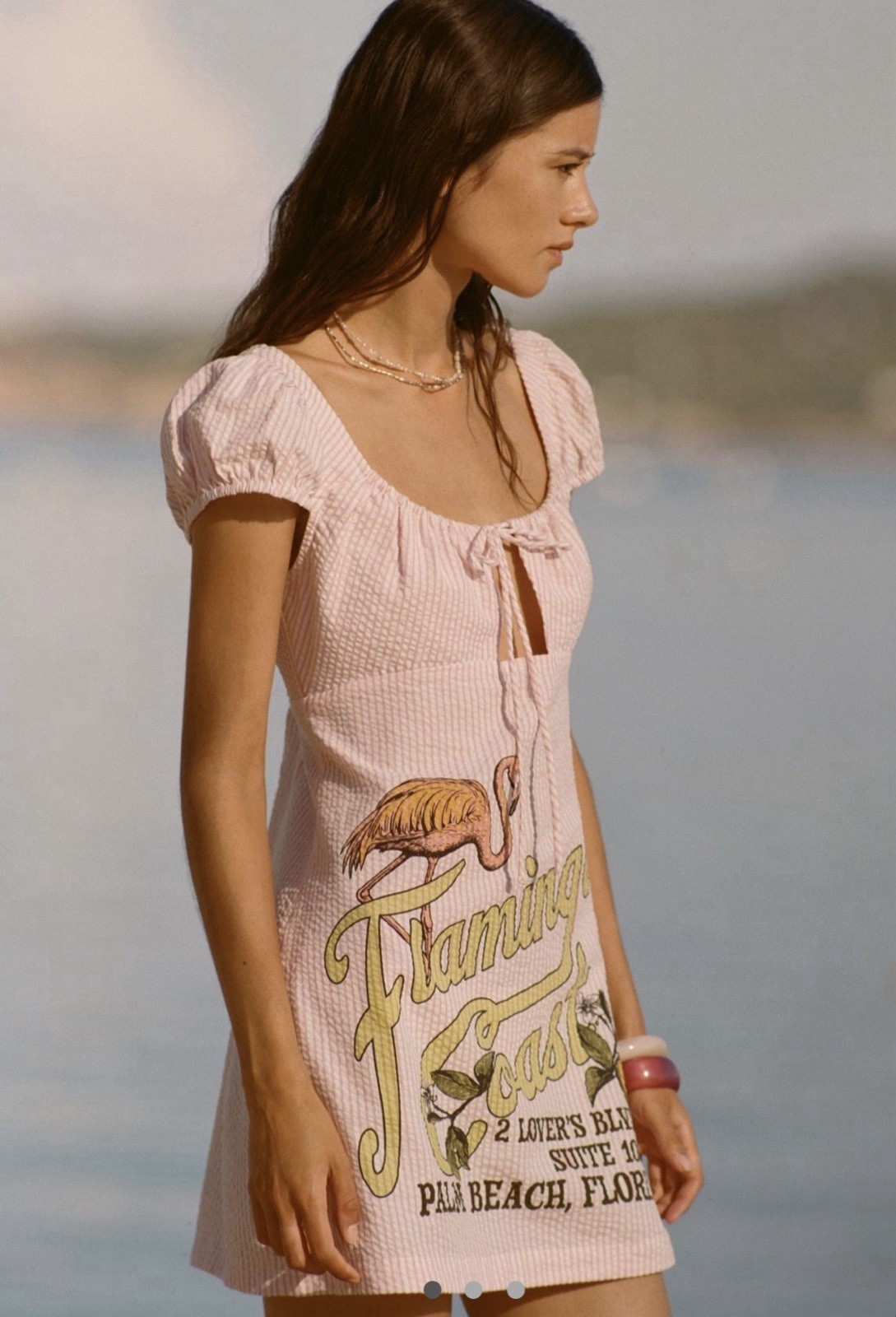 Celandine Women’s Pink White Scoop Neck Front Tie Mini Dress Size Large NWT