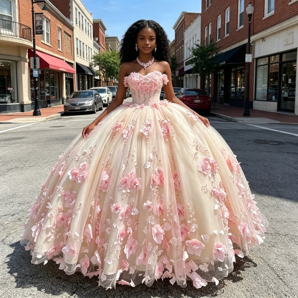 Elegant Pink Ball Gown Quinceanera Dress Sweetheart Flower Appliques Sweet 15-16