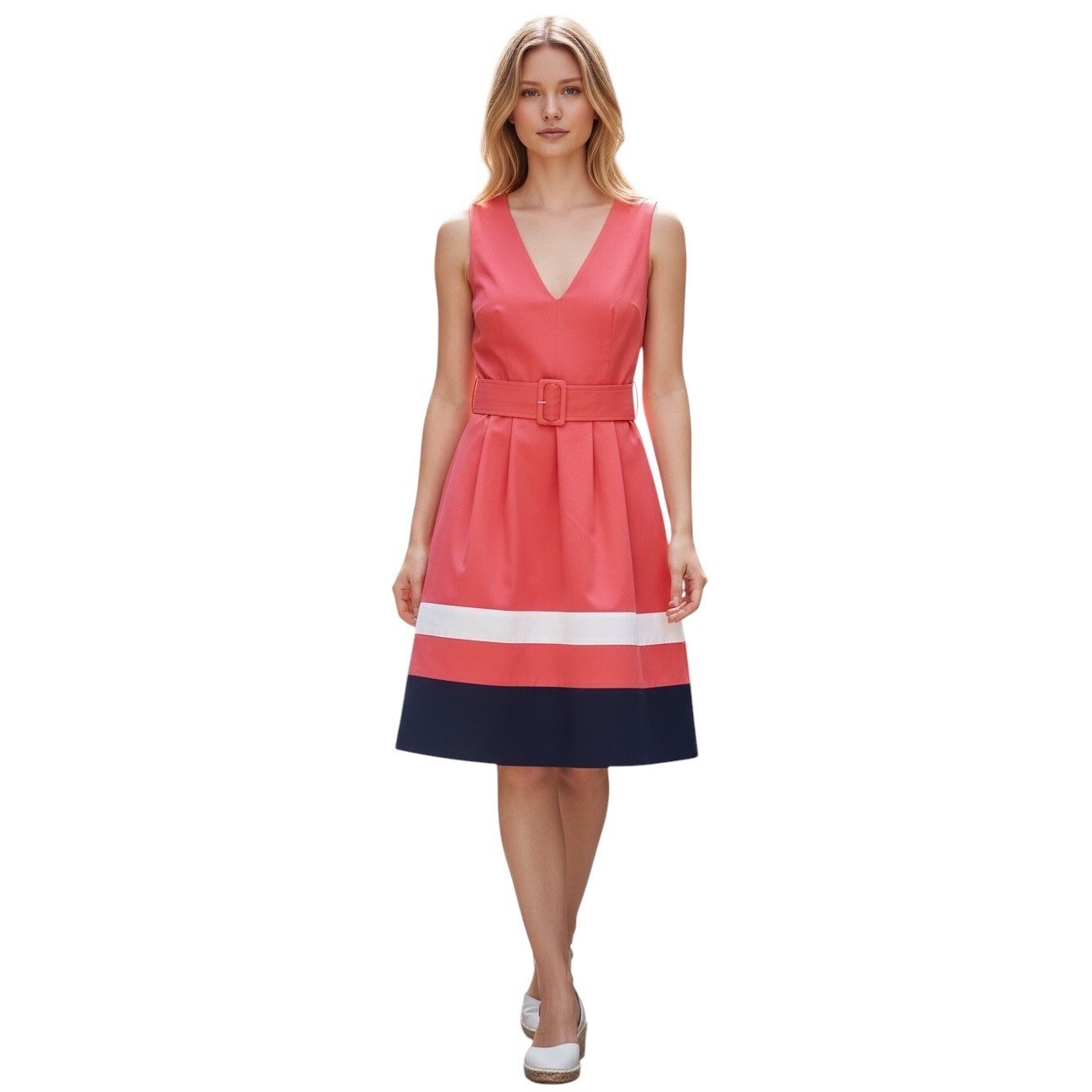 Kate Spade New York “Sawyer” Belted Fit & Flare Dress Pink White Navy Stripe