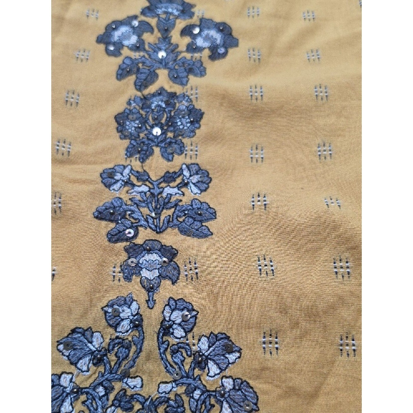 SUNDANCE | Mustard Grey Embroidered Sequin Lined Boho Scalloped Pocket Dress | L