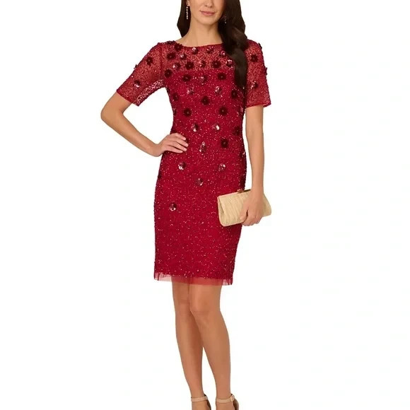 Adrianna Papell Cranberry Red Sequin Mesh Velvet Cocktail Dress Size 10 $249