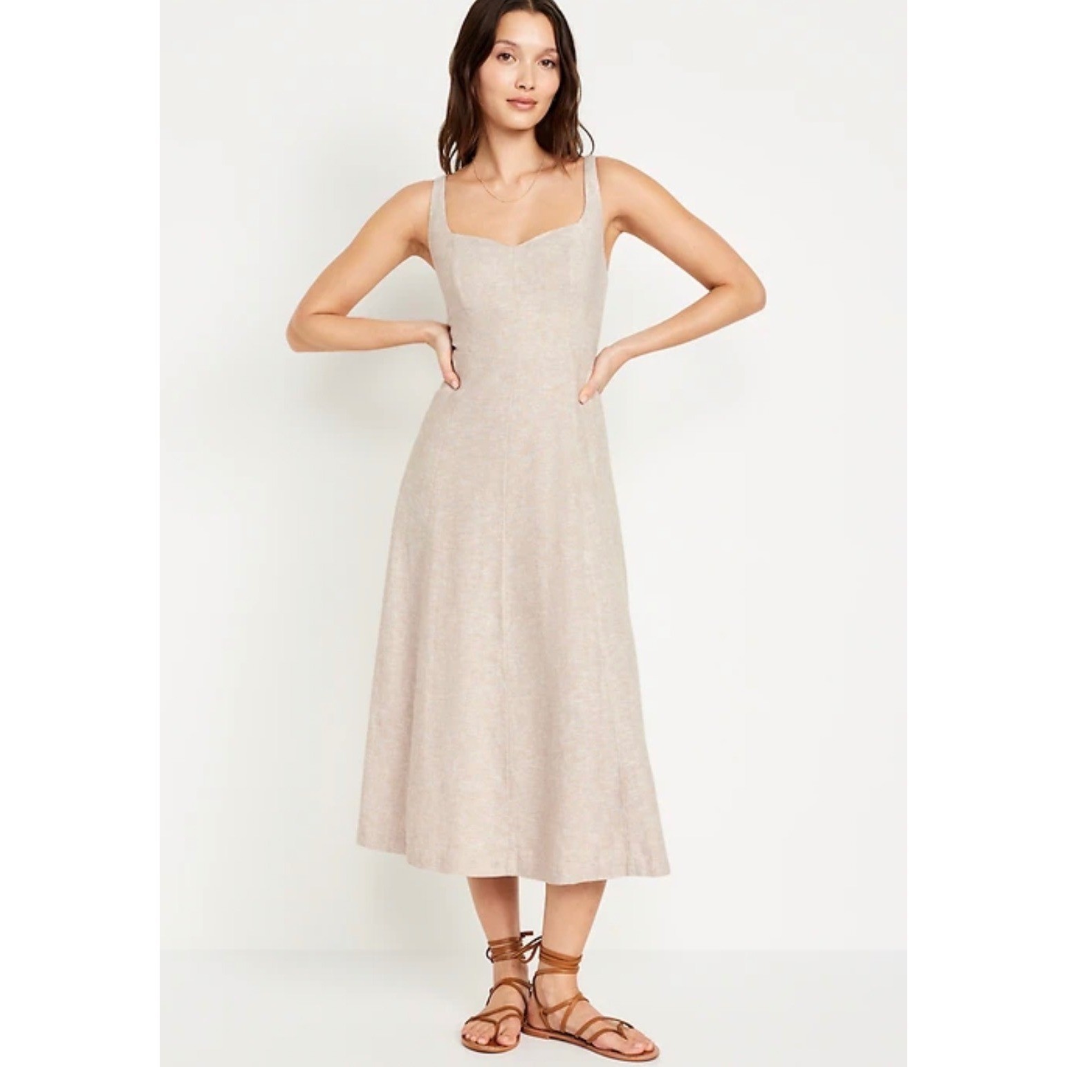 Old Navy Fit & Flare Sleeveless Linen Midi Dress S Beige Notch Neck Smocked Back