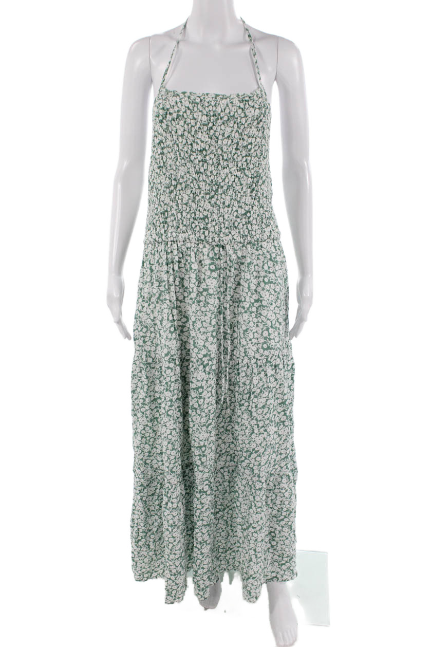 Lost + Wander Women Green Floral Maxi Sundress Tie Waist Sleeveless Size L