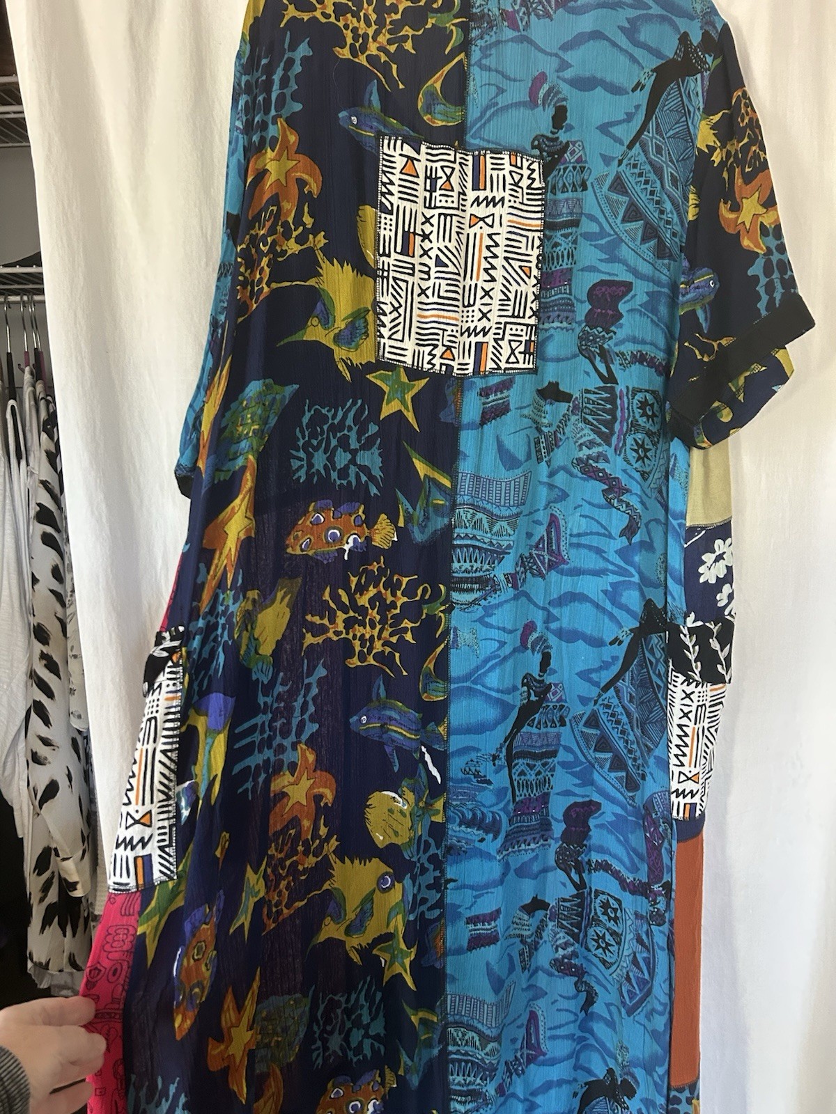 La Cera 1x Hippie Boho Patchwork Button Dress 52” Long 100% Rayon Pockets