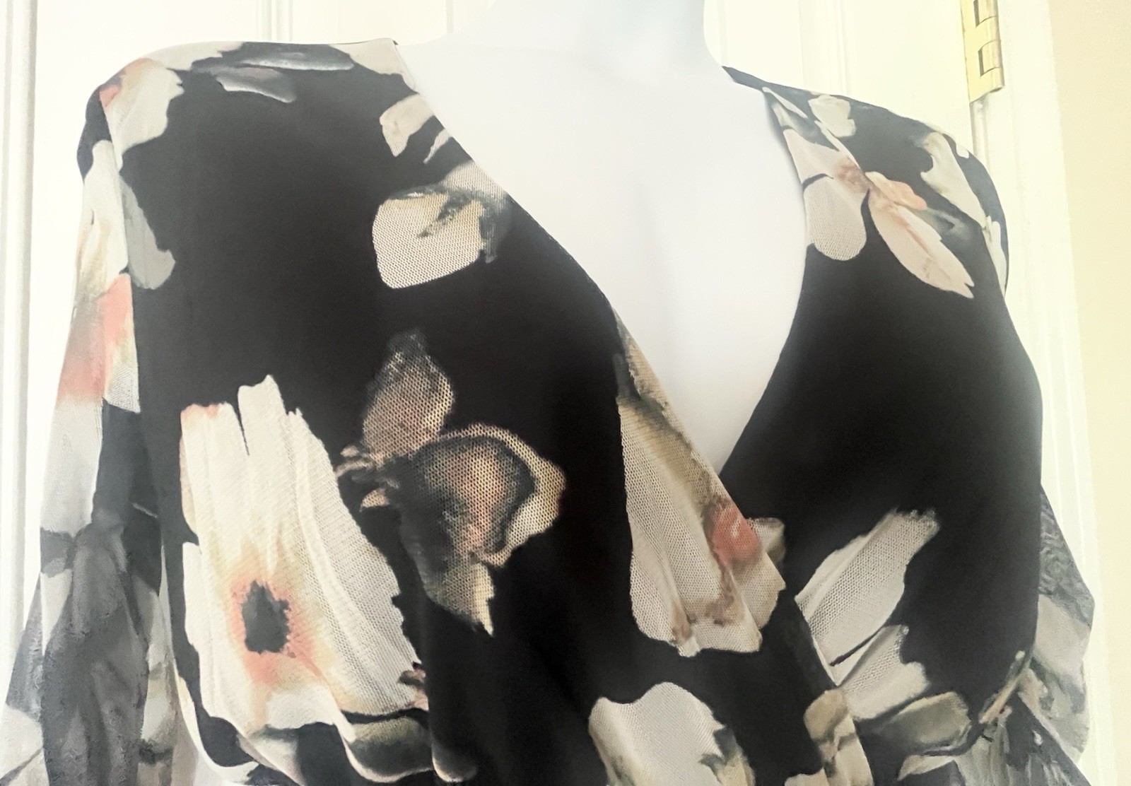 NWT Black Floral Dress – Size Large – A-Line – Sheer Half Sleeves – Lined