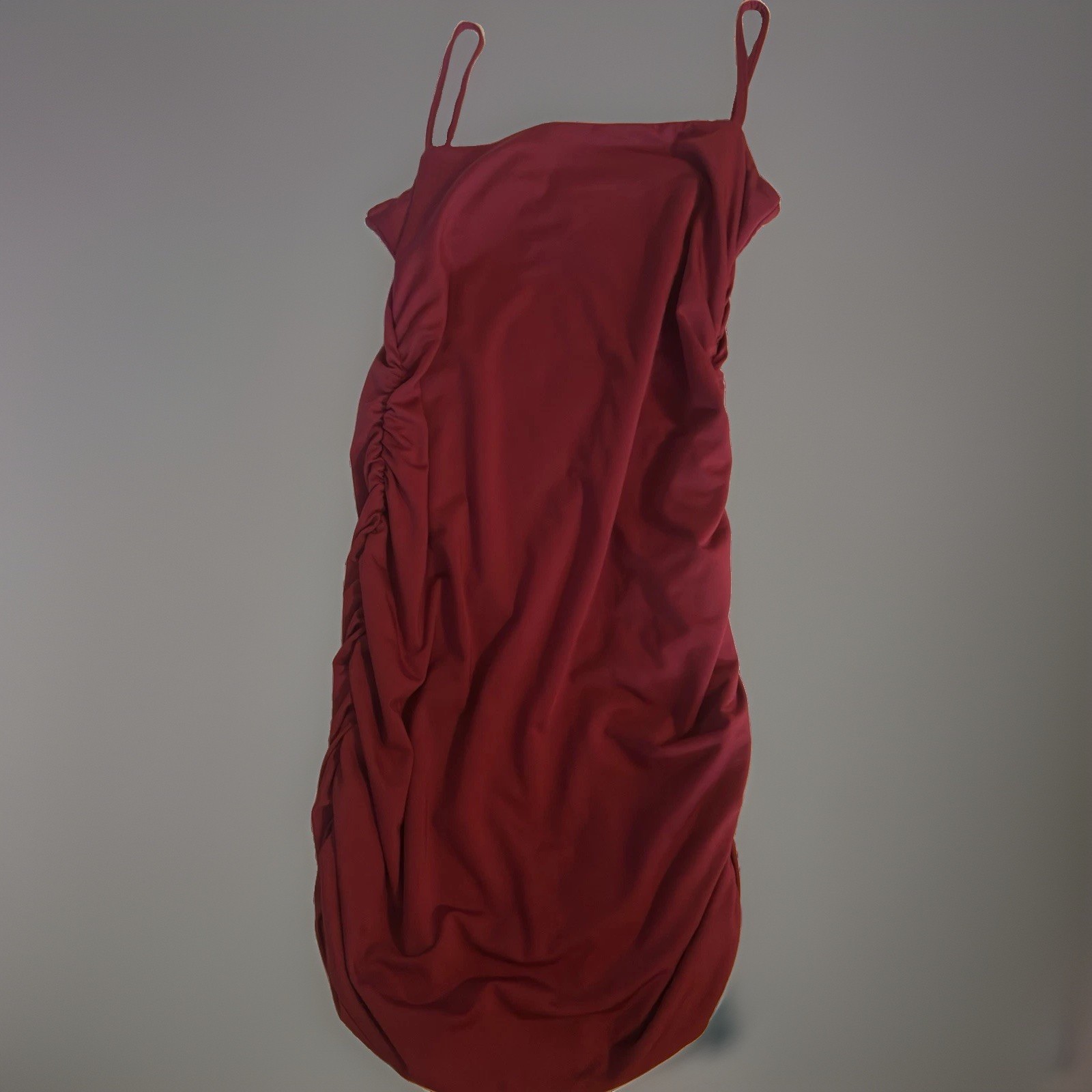 Women’s Burgundy Solid Square Neck Ruched Strappy Sleeveless Bodycon Mini S