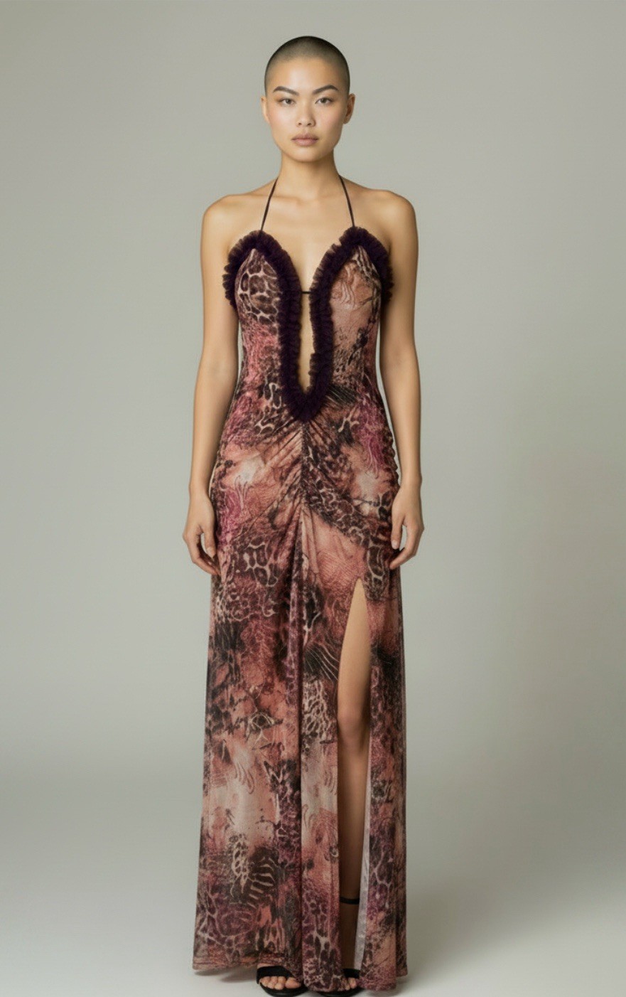 Womens Sexy Open Slit Dress Purple Ruffels