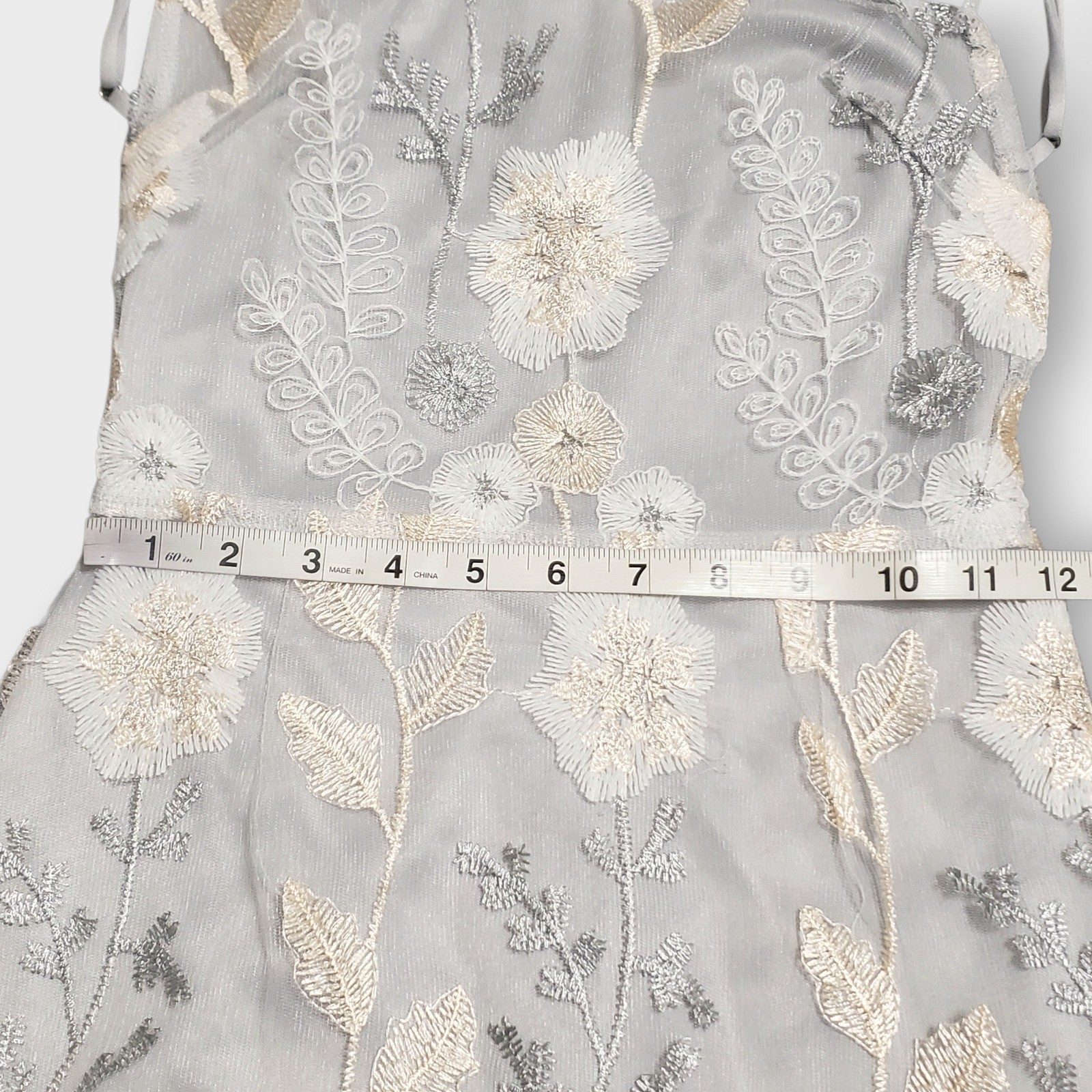 Lucy in the Sky Floral Embroidered Mesh Mini Dress Silver Grey Strappy Back S