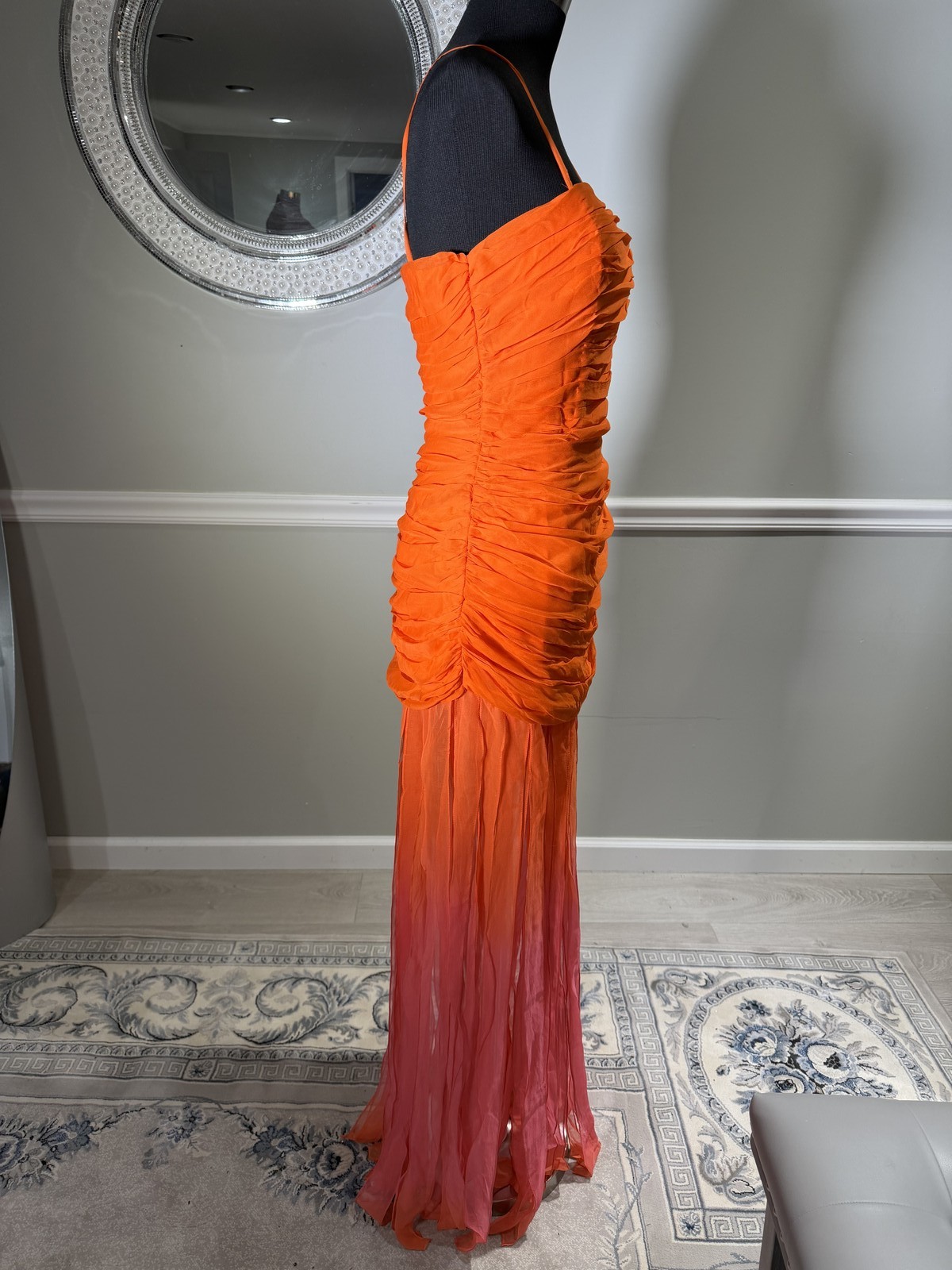 Jolene Division Strapless Orange Red Ombre Ruched Chiffon Fringe Gown Size 12