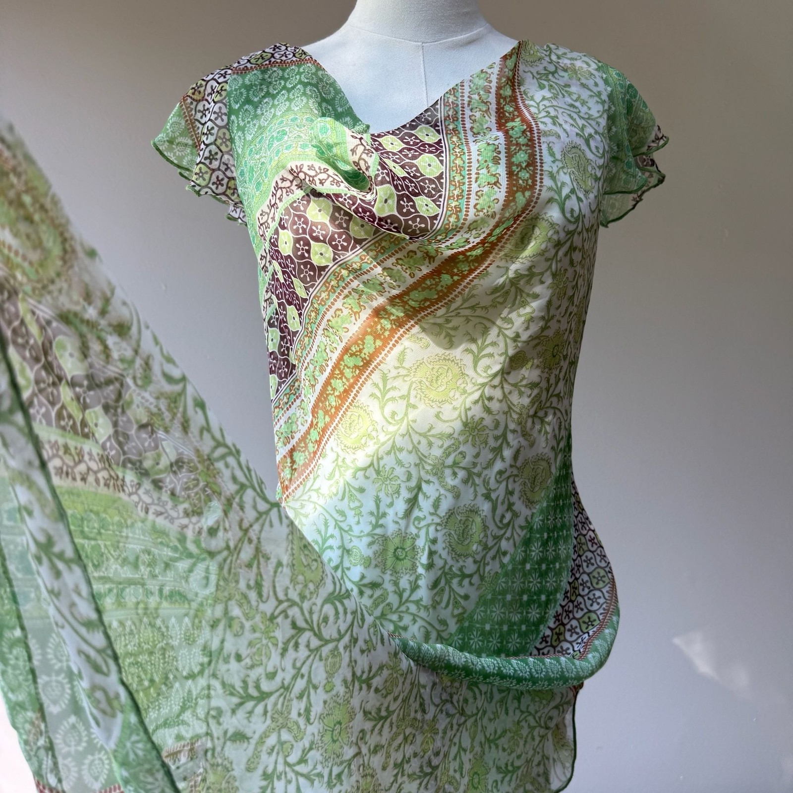 Vintage B. Smart Y2K Green Paisley Floral Flutter Sleeve Midi Dress