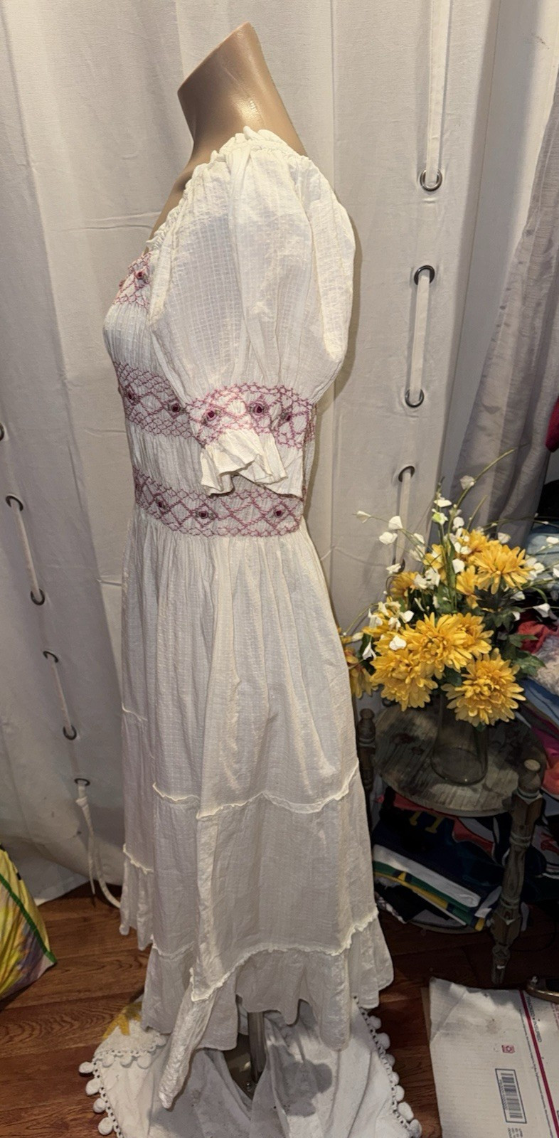 Ivy City Co. Embroidered Smocked Midi Dress Medium Ivory Romantic Cottagecore