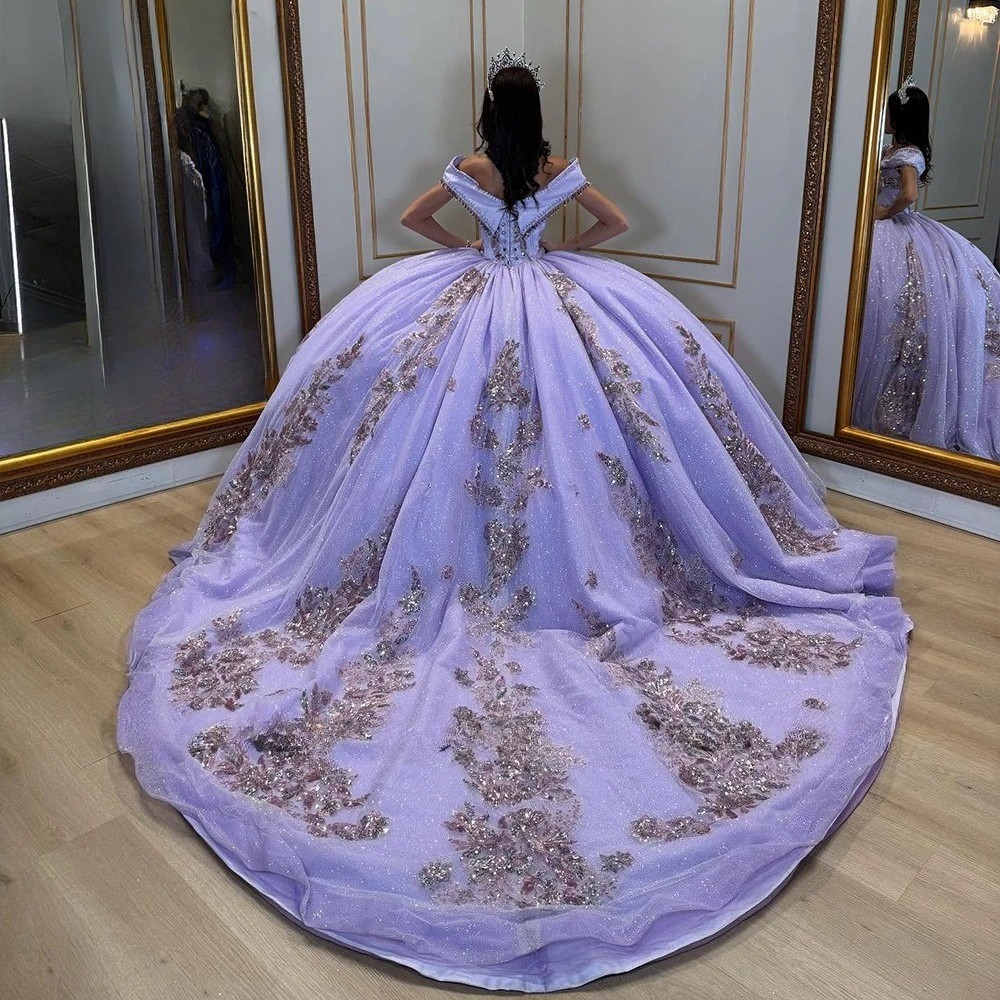 Off Shoulder Lavender Glitter Tulle Floral Beaded Quinceanera Sweet15 Gown