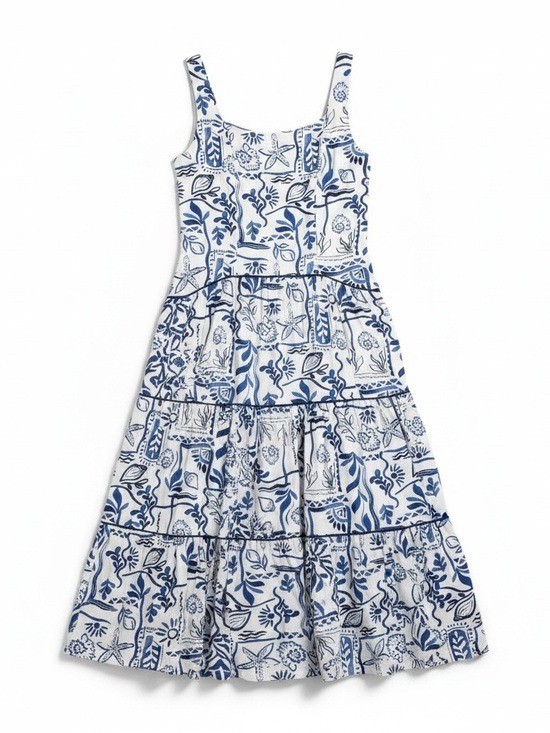 CeCe Ivory Blue Mediterranean Tile Print Tiered Maxi Dress Sz LARGE Rayon Linen