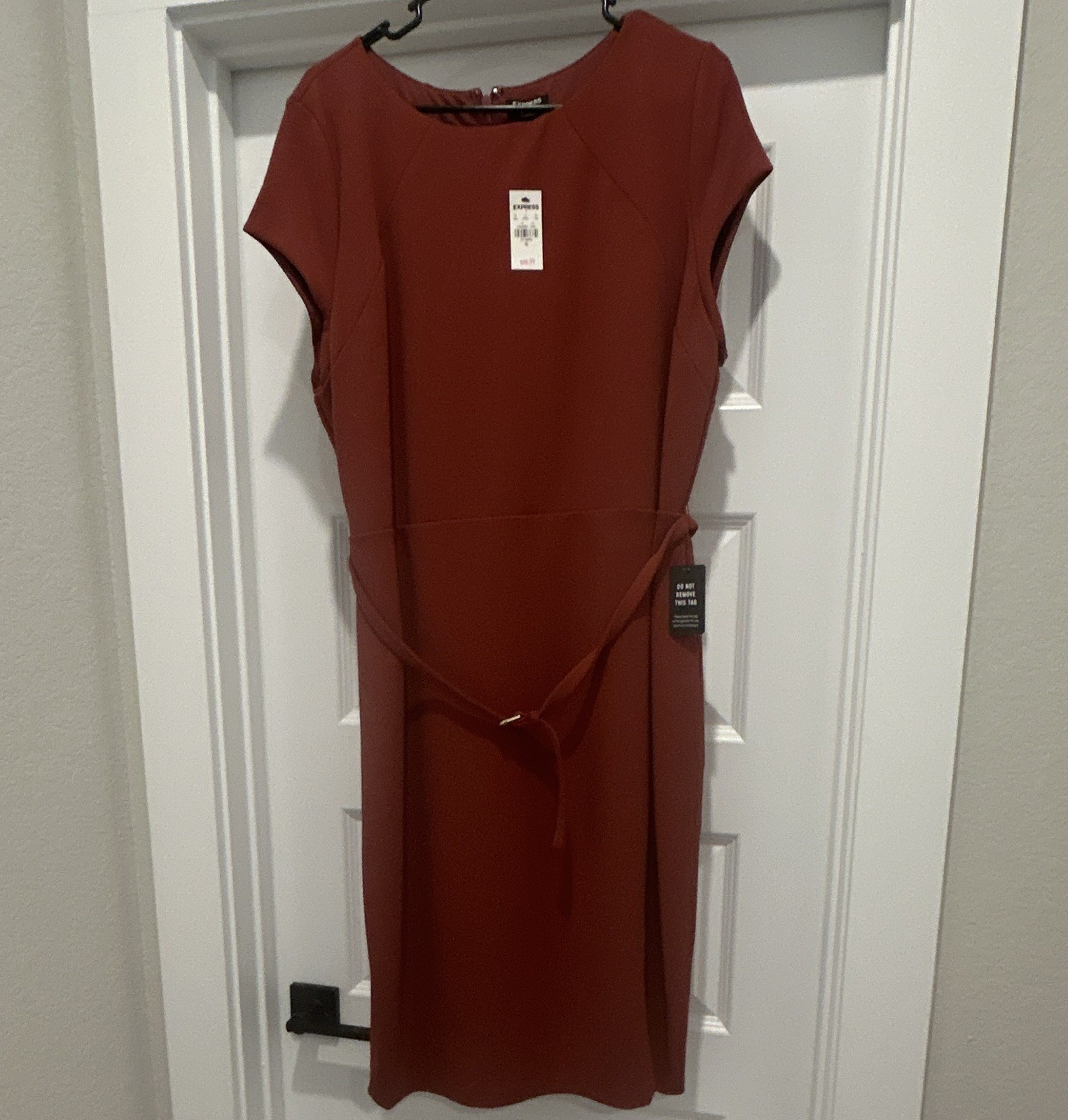 Express Brown Knit Dress XL Scoop Neck Short Sleeve Belted Zip Poly/Spandex