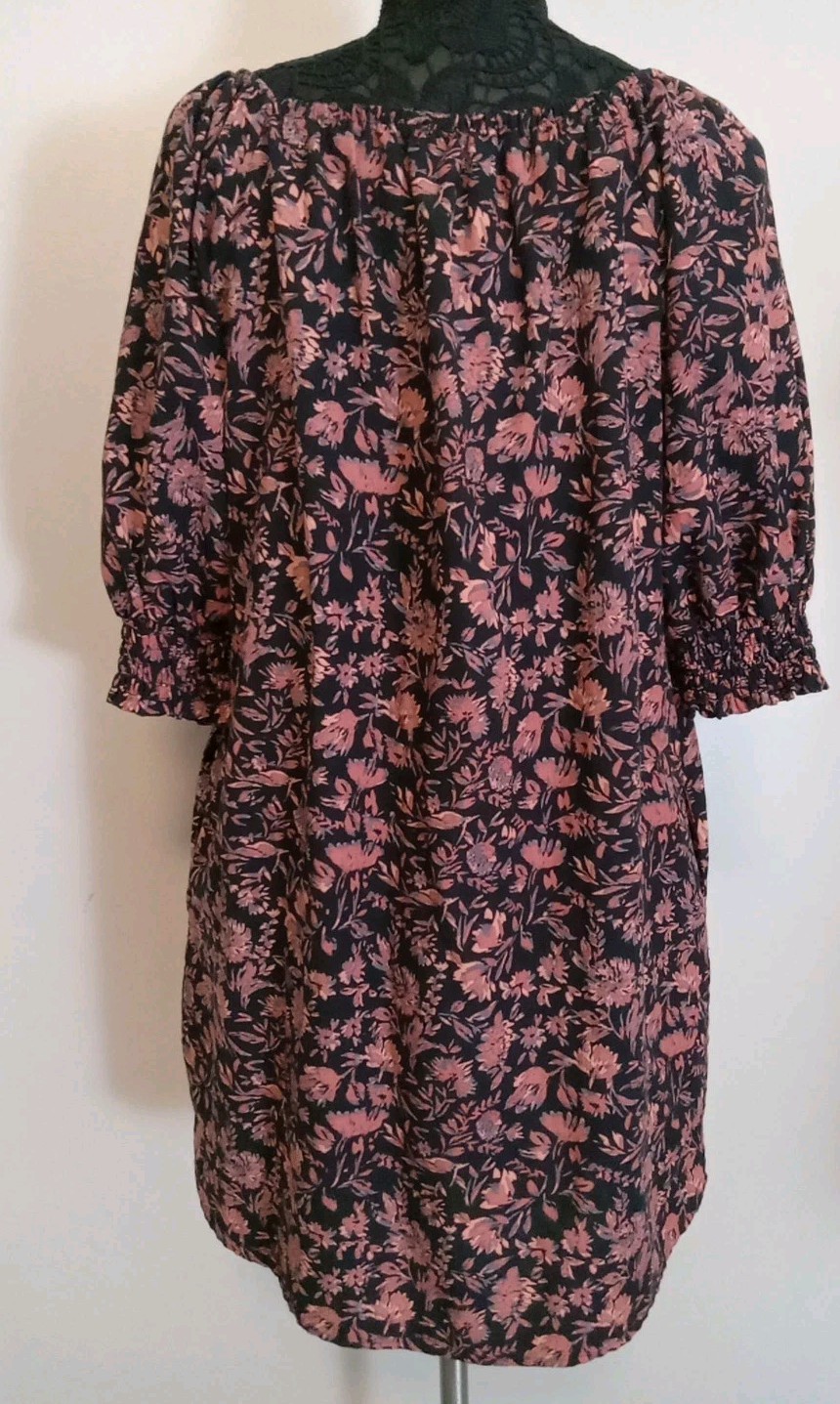 roan ryan Black Multicolor Floral Elastic Neckline Babydoll Tunic Dress Size L