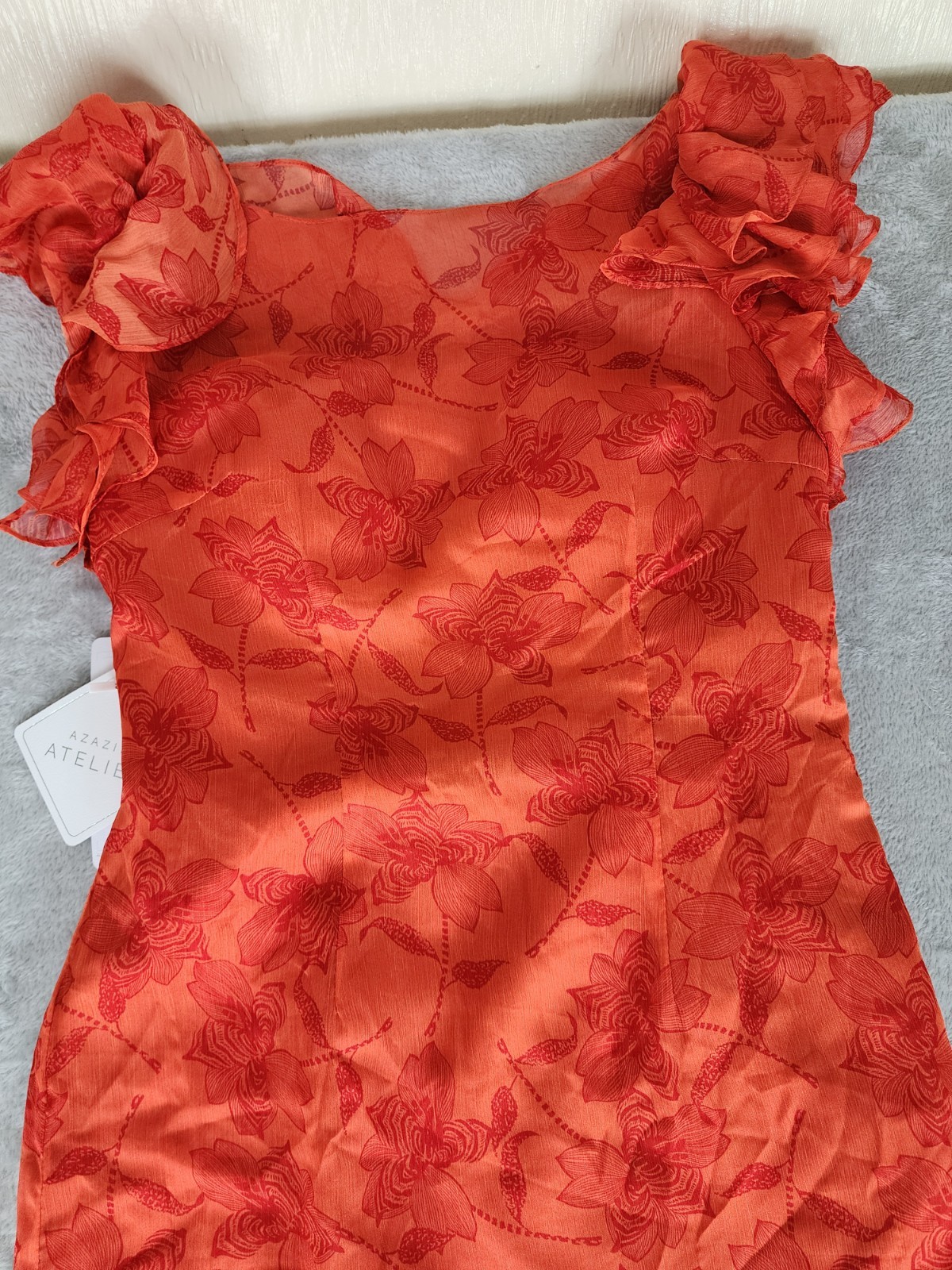 Azazie Atelier Amaria Orange Floral Ruffle Maxi Dress, Zip Closure, Women 10