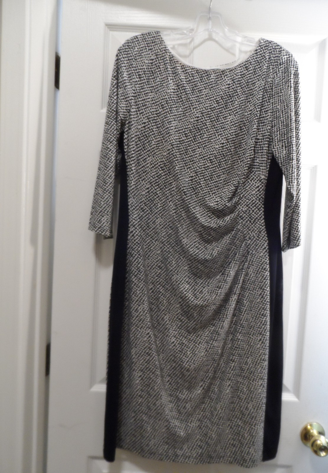 Lauren Ralph Womens Dress Black White Side Ruched Stretch Poyester Blend-Size 16