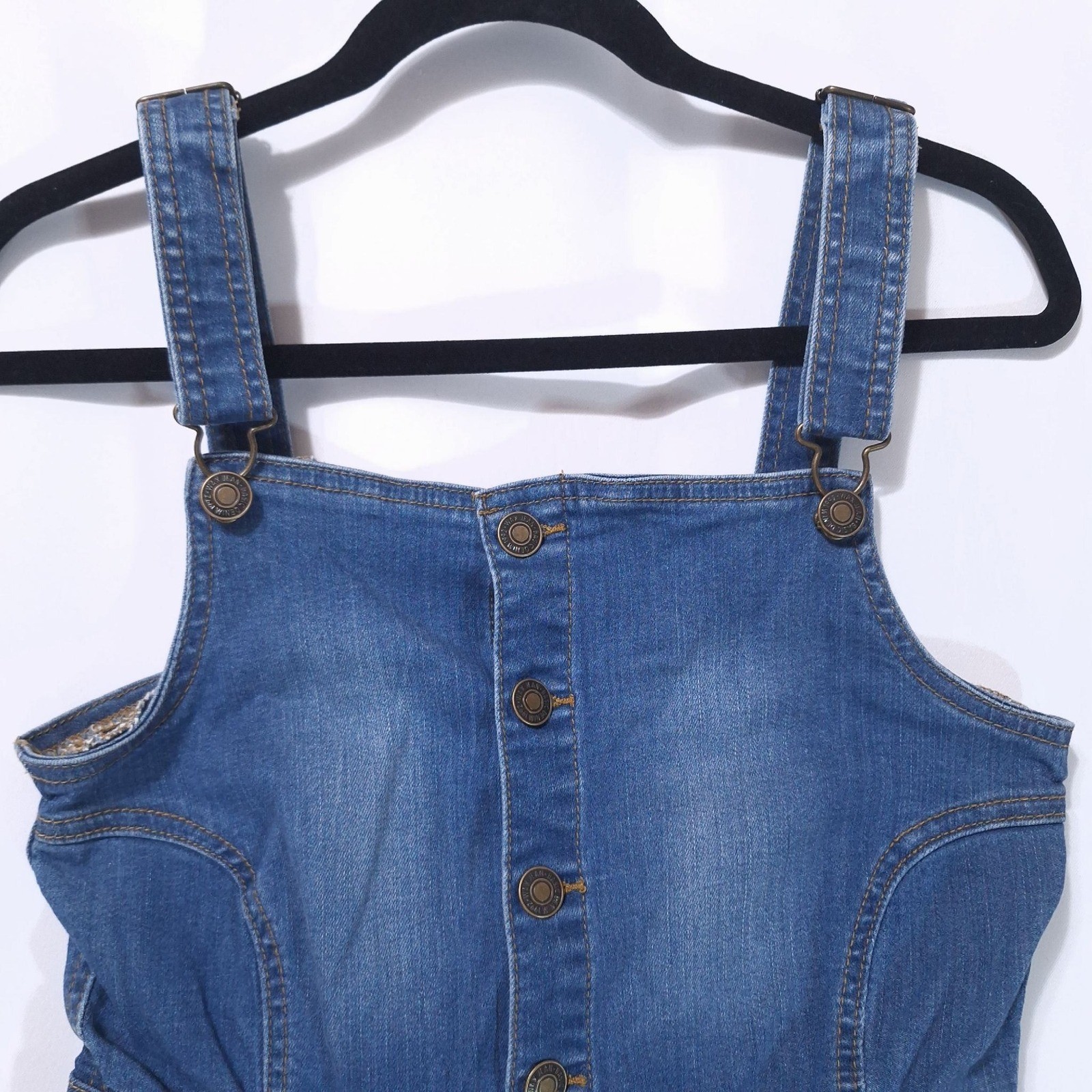 Wax Jean Button Front Denim Overall Mini Dress M Wash Blue Pinafore Raw Hem Y2K