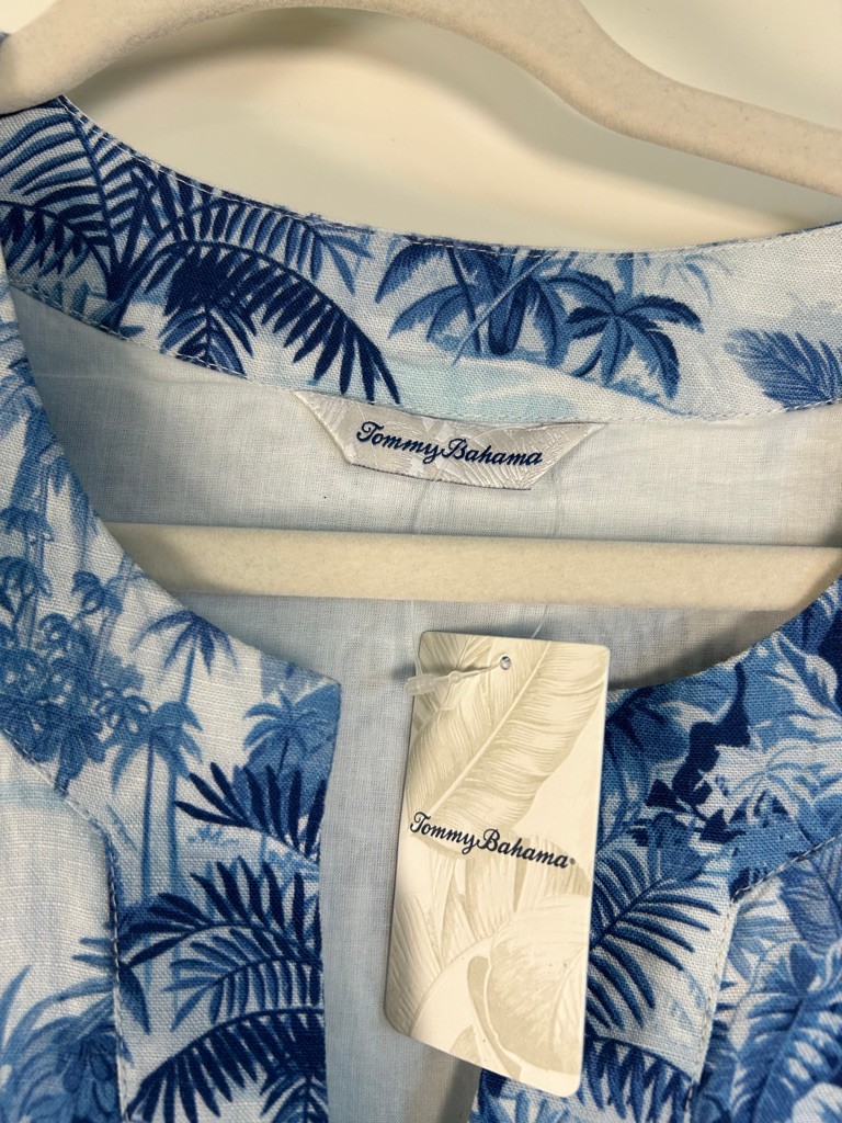 Tommy Bahama botanical breeze shift dress blue and white tropical linen size MED