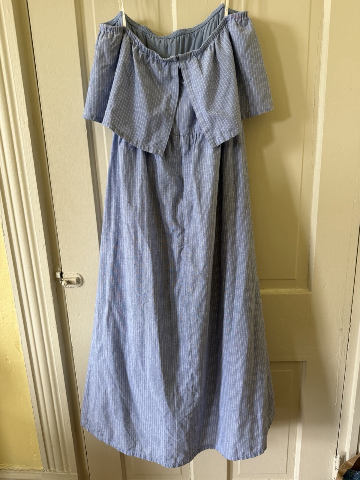 J.O.A. Off-Shoulder Blue/White Striped Wide-Leg Jumpsuit Cotton Size L