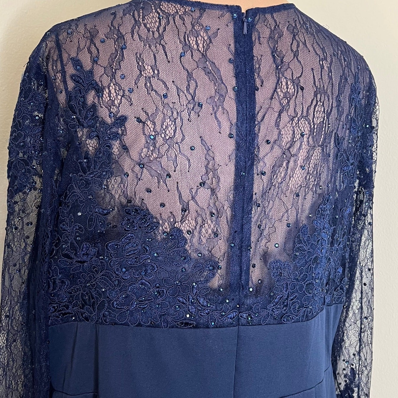 Plus Size Navy Blue Long Sleeves Beaded Lace Slit Formal Mother of Bride Dresses