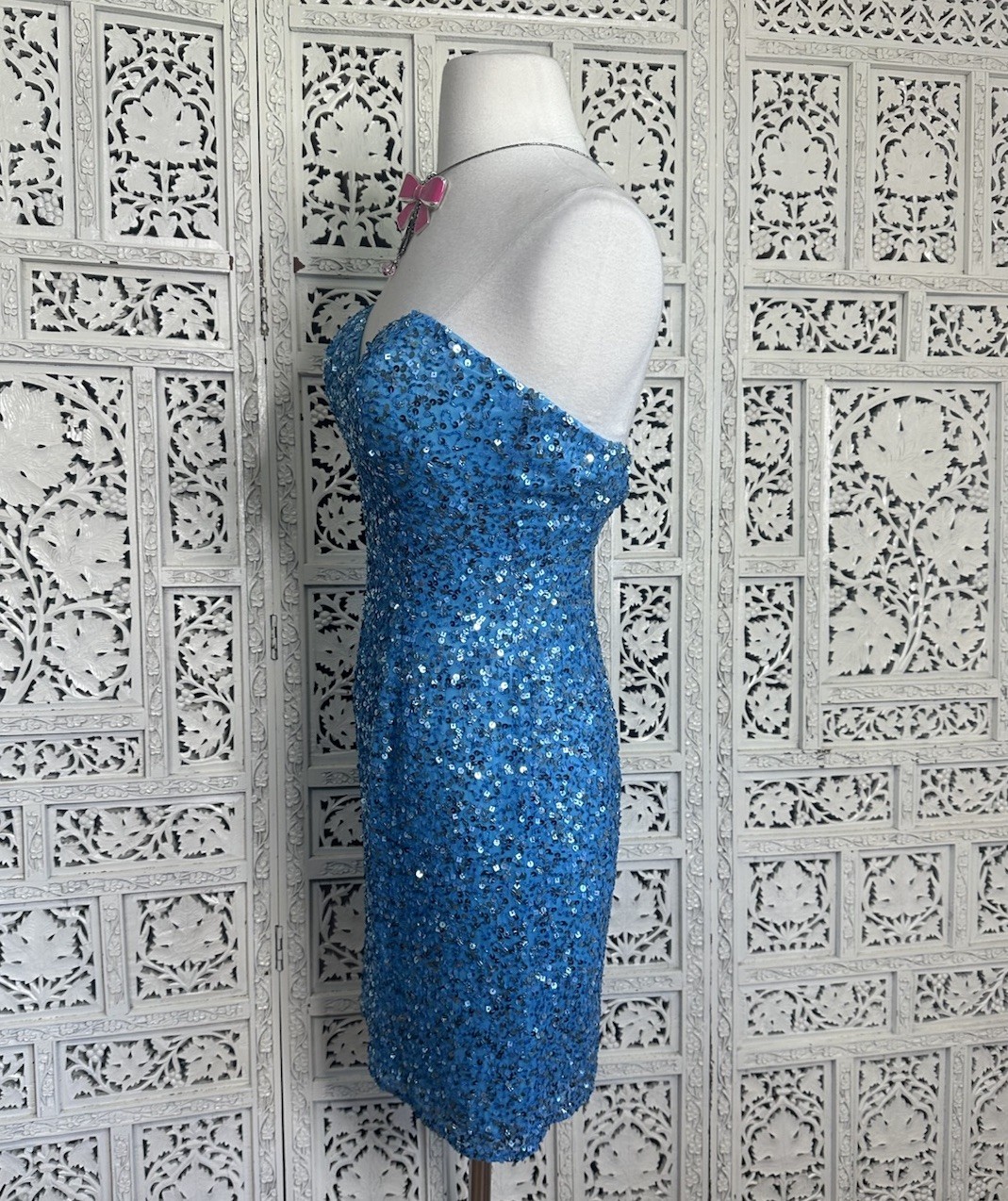Scala 100% Silk Blue Full Sequin Strapless Cocktail Mini Dress Sz 0