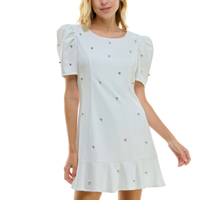 Crystal Doll Juniors’ Puff-Sleeve Rhinestone-Trim Dress – White-SMALL