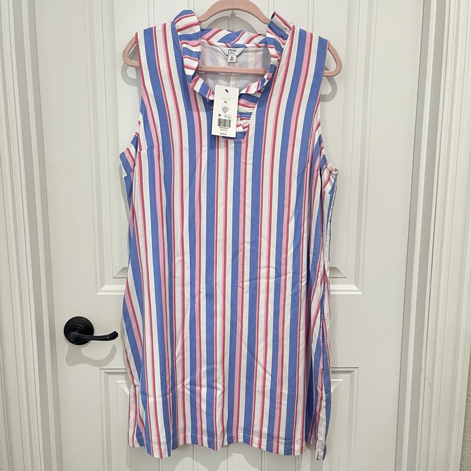 Crown & Ivy White Pink Blue Stripe Ruffle Neck Sleeveless Dress Size XL NWT