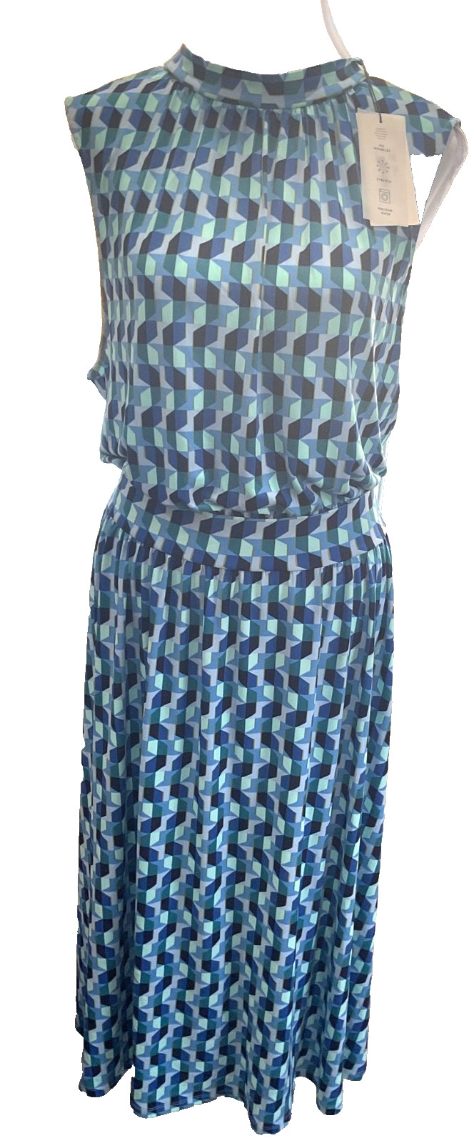 LEOTA Mindy Shirred Geometric Halter Neck Midi Dress Blue Green XL NEW