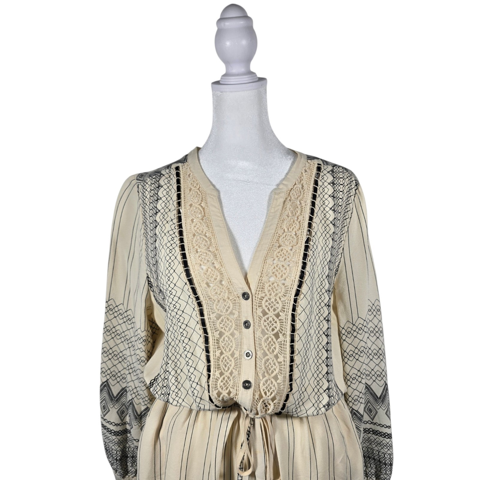Anthropologie Floreat Perrie Peasant Dress Ivory Black Crochet Size 10 Boho