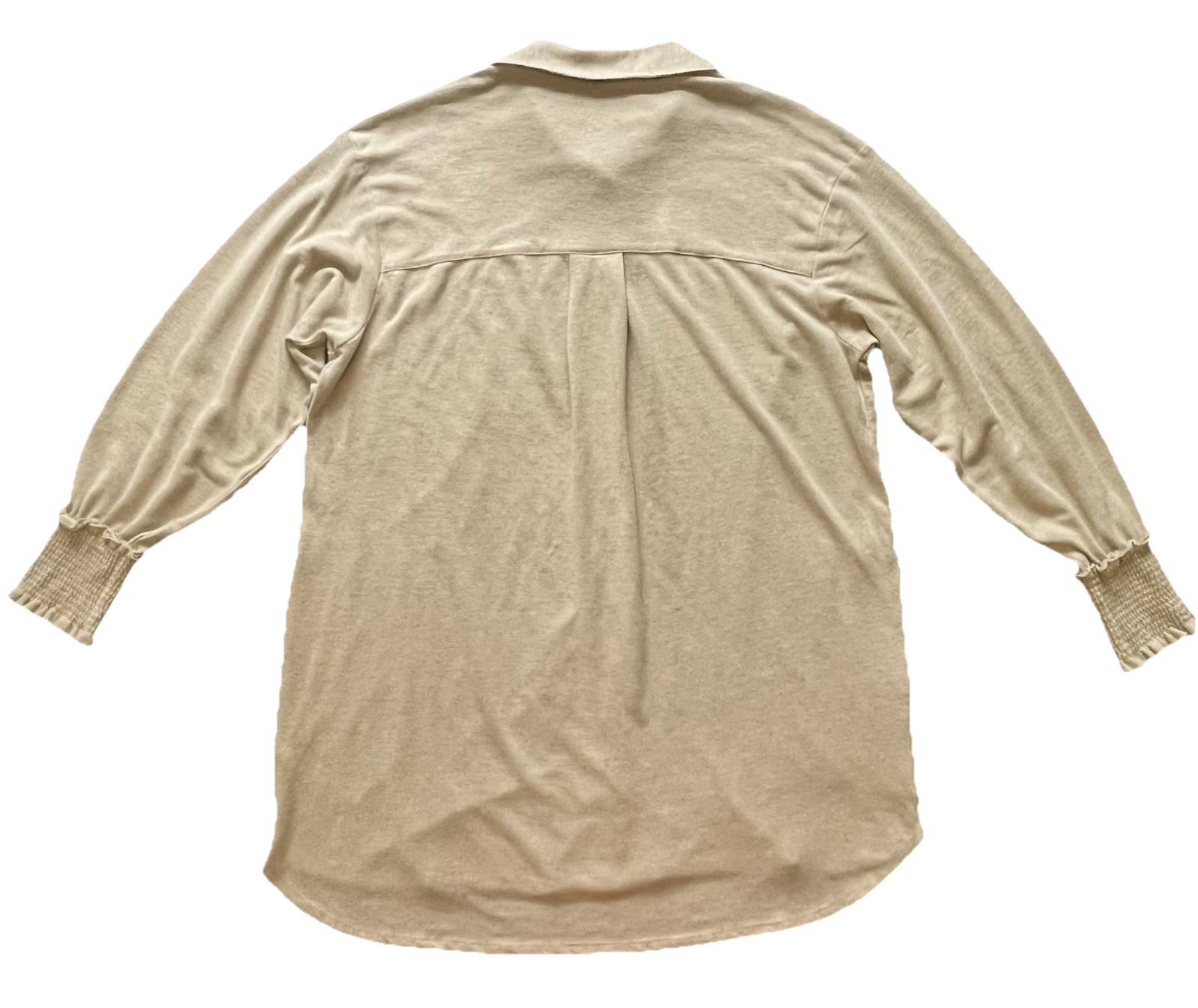 Free People Beach Linen Blend Smocked Cuff Button Down Shirt Dress Oatmeal XS