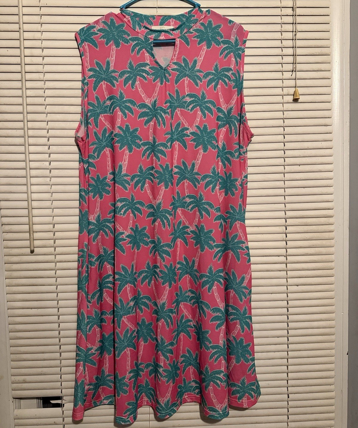 Simply Southern Pink Green Palm Tree V-Neck Sleeveless A-Line Dress M