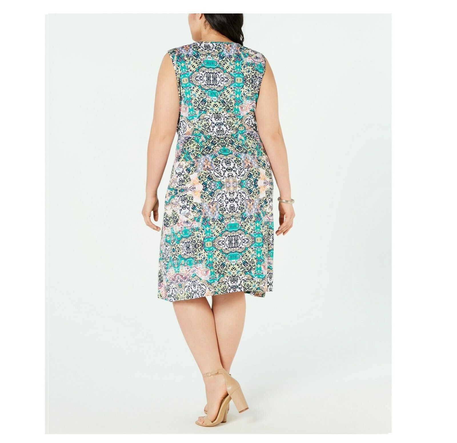 NY Collection Womens Plus 3X Green Multi Sleeveless Belted Ring Wrap Dress NWT