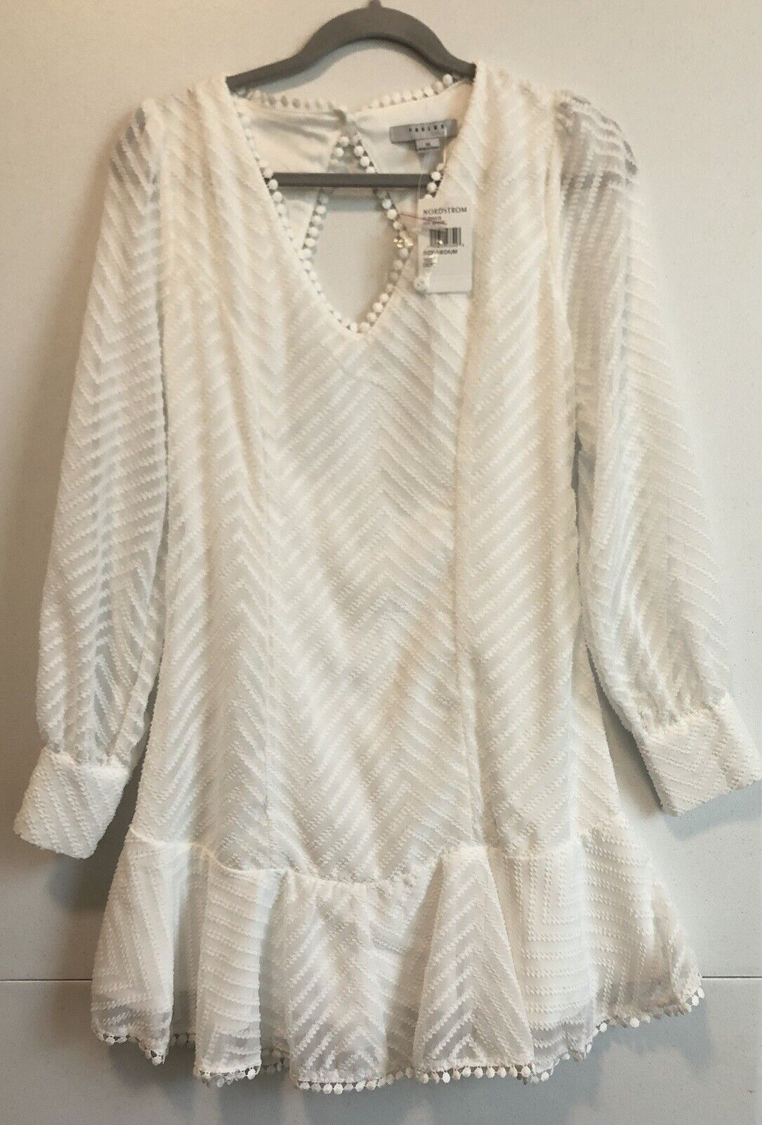 Favlux Fashion Dress Women’s M White V-Neck Cut-Out Back Lined Sheer Long Sleeve