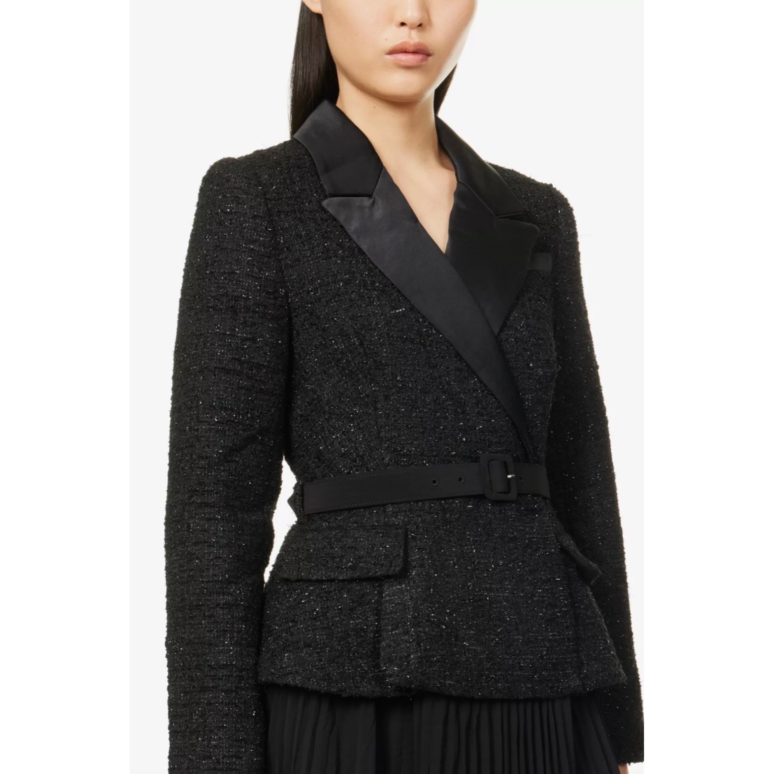 Self Portrait Black Tinsel Boucle Midi Dress with Belt Size 4 NWT $660