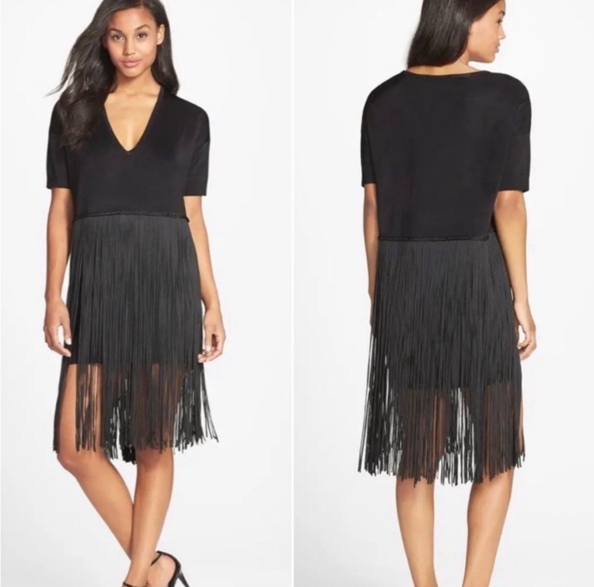 French Connection Spotlight Fringe Tasseled Black Dress