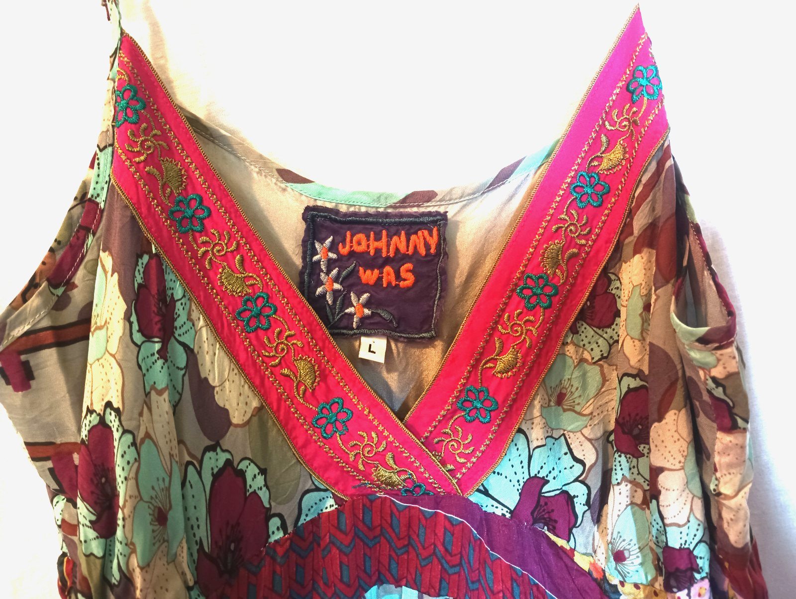 Johnny Was sundress, L, teal and purple, rayon/silk. DS07