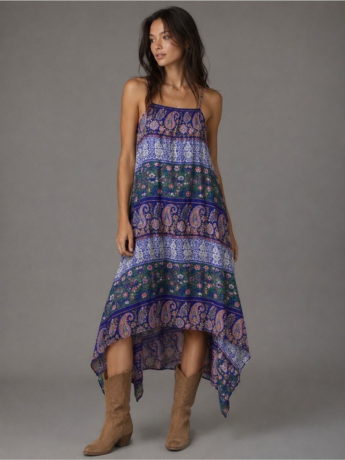 Sugar + Lips Boho Paisley Halter Dress Womens Small Blue Handkerchief Hem Flowy