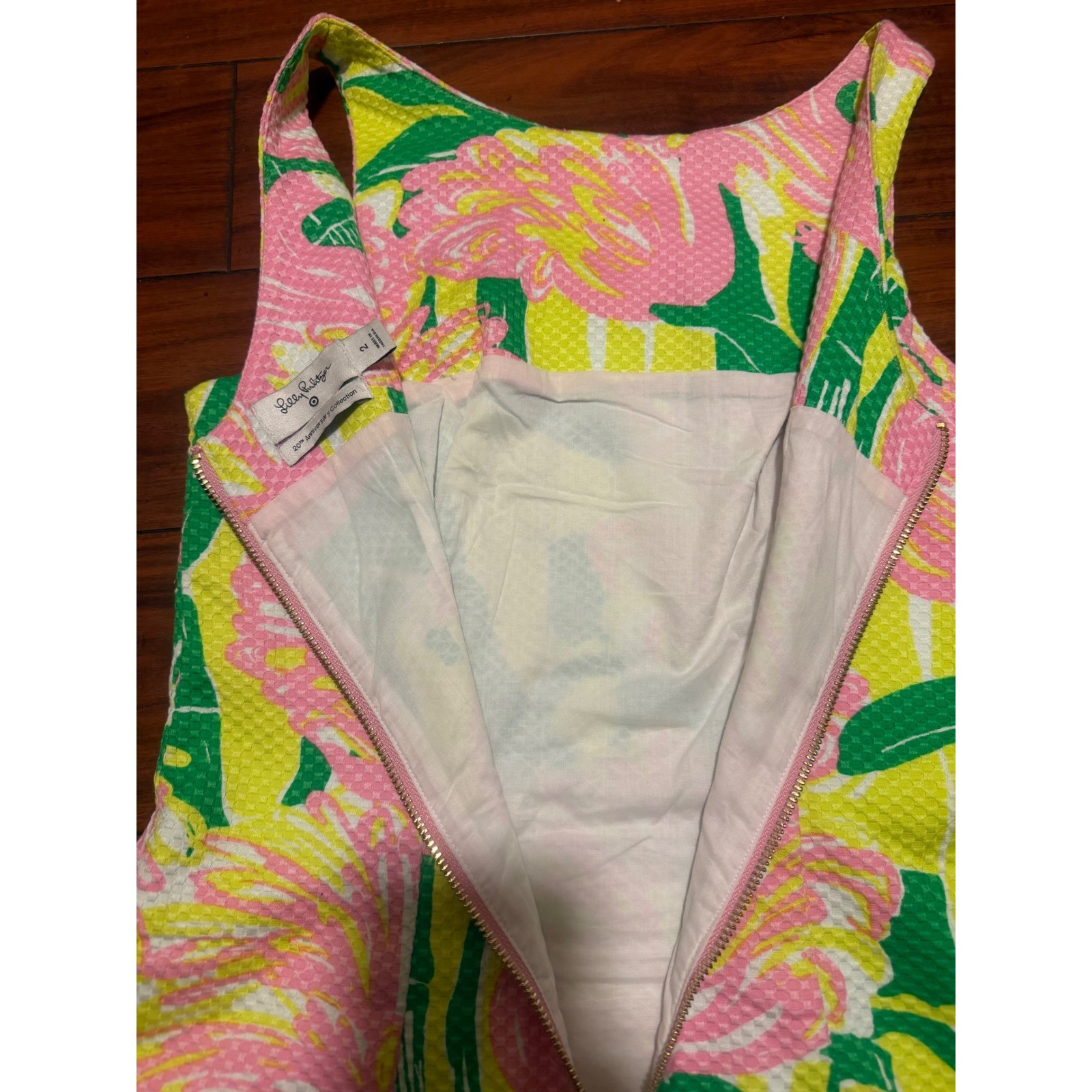 Lilly Pulitzer Flamingo Glee Shift Dress Pink Yellow Green Bamboo Lace Trim 33in