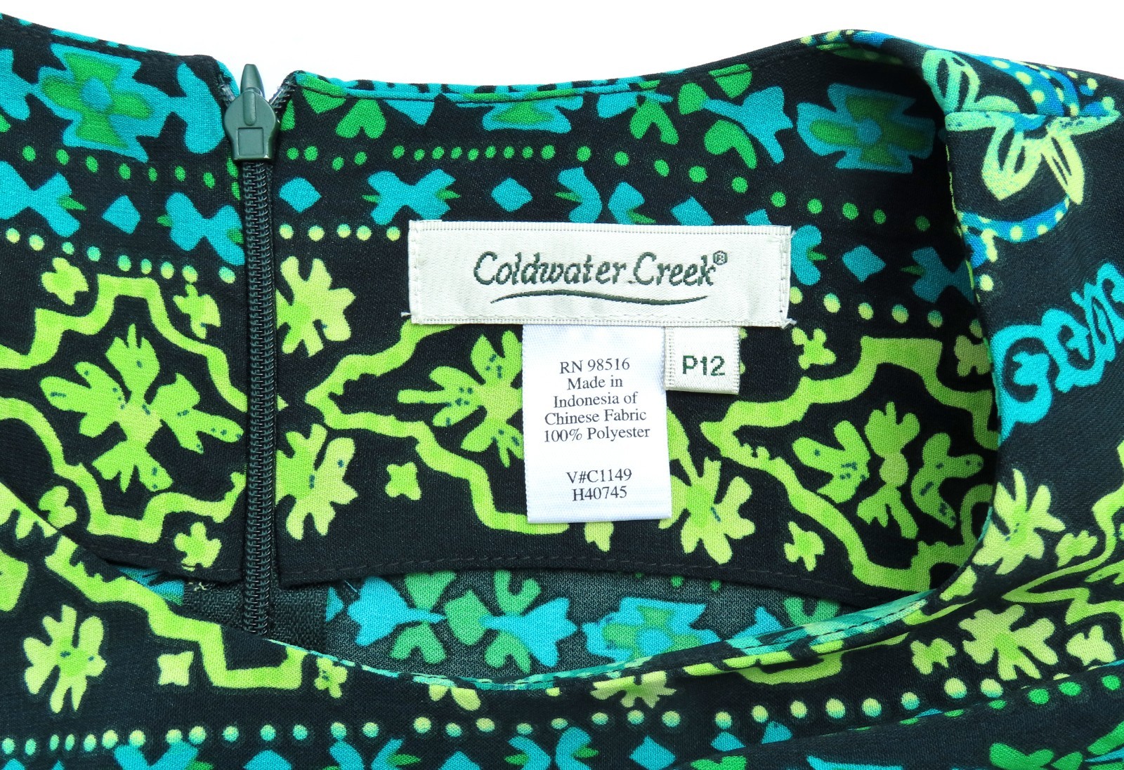 Coldwater Creek 12P Long Sleeveless Dress Blue Green Black Floral Low Side Slit