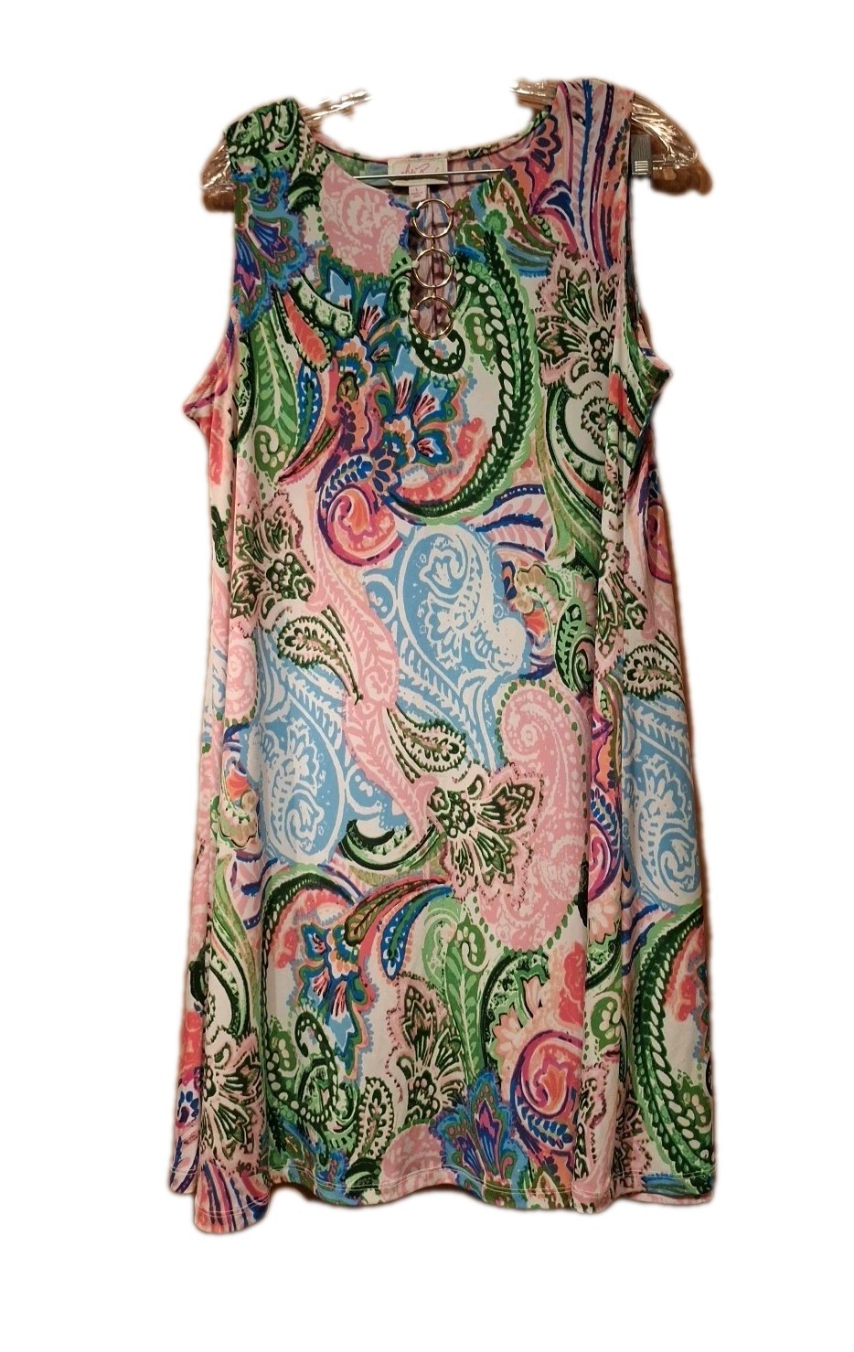 Ivy Road L Poly Knit Paisley Dress Keyhole Neckline Metal Rings Short Multicolor